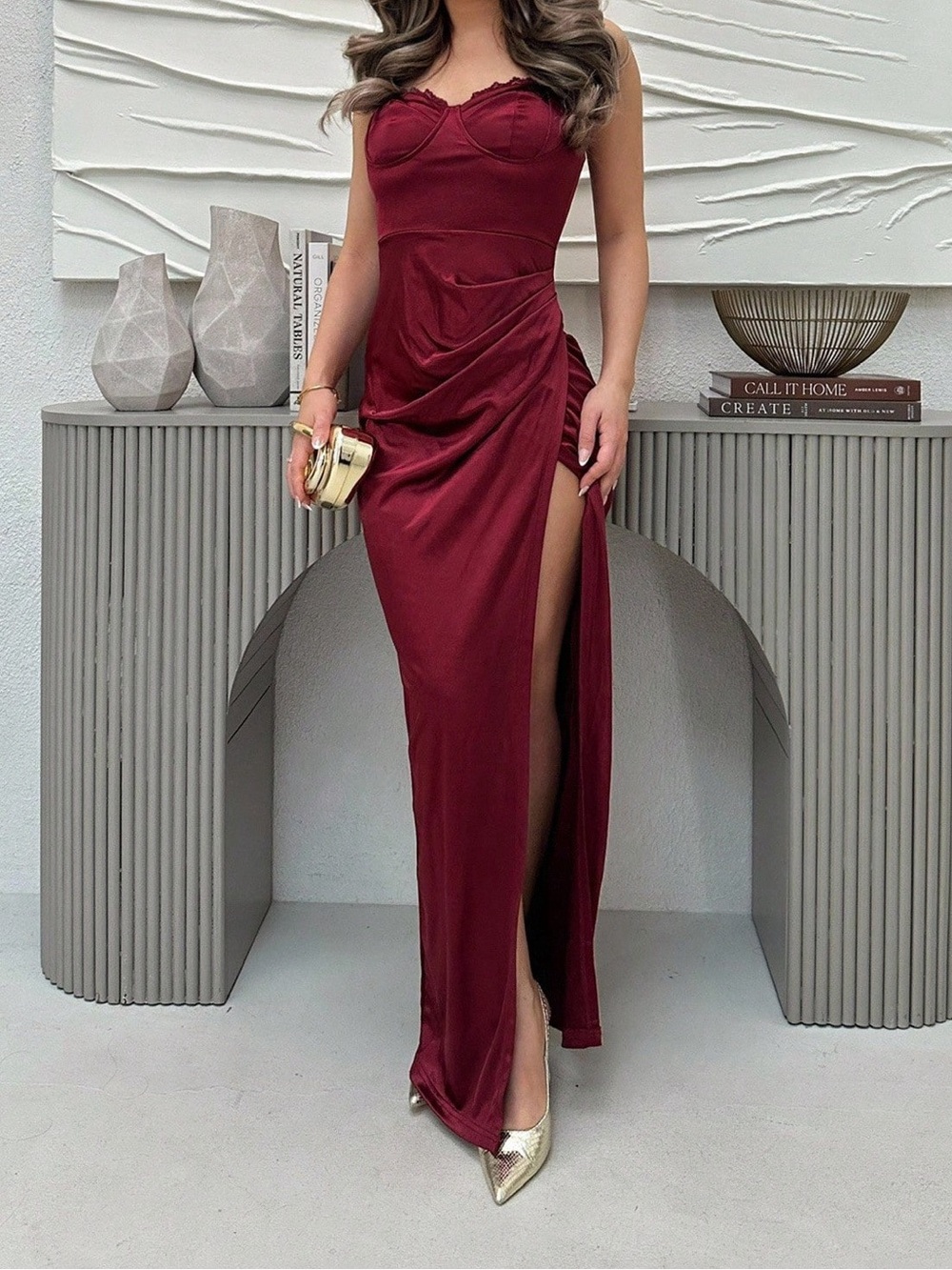 Elegant Burgundy Side-Slit Maxi Dress